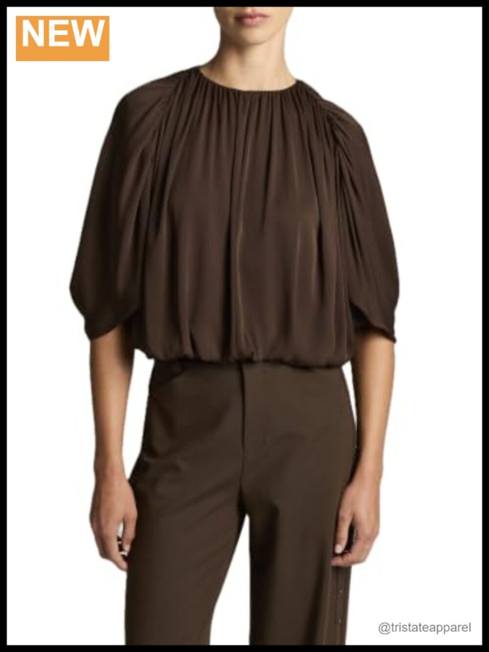 Vince Gathered Cape Bubble Blouse Sleeveless Relaxed Crew Neck